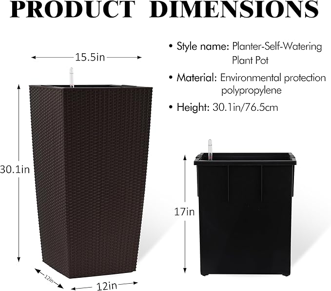 30in Tall Planter, Self Watering Pots for Indoor/Outdoor Plants with Drain Holes, Water Level Monitor, Inner Bucket for Front Porch Patio, Brown Large(1 Set)