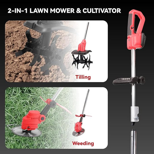 2 in 1 Cordless Tiller Cultivator & Electric Weed Wacker with 20V 2x4.0Ah Batteries & Charger, Electric Garden Tiller 300 RPM, 12-Inch Tilling Width, 8.7-Inch Depth Garden Rototiller