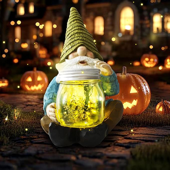 Solar Firefly Jar Gnome Waterproof - Christmas Large Garden Gnome Funny Solar Outdoor LED Lights Resin Statues 10.6" Lantern Figurines Xmas Decorations Birthday Housewarming Gifts for Mom Women