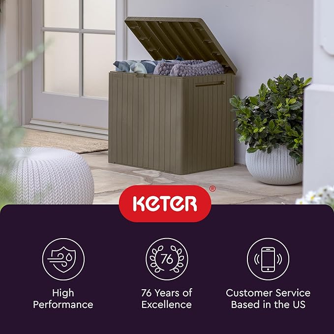 Keter City 30 Gallon Resin Outdoor Storage Box and Patio Furniture Side Table for Pool and Garden Accessories, Taupe