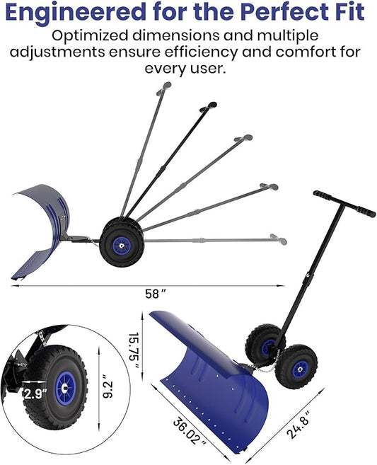 36” Snow Shovel for Driveway,Heavy Duty Wheeled Rolling Shovels 5 Position Angled Blade, Ergonomic Handle & Rubber Wheels for Efficient Snow Removal, Snow Plow for Doorway,Driveway and Sidewalks