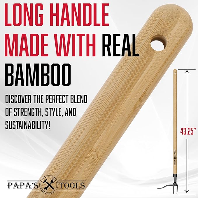 Papa's Tools Weeder - Stand Up Weed Puller Tool Made with Long Wooden Handle - Real Bamboo & 4-Claw Steel Head - Easily Remove Weeds Effortlessly Without The Need to Tug, Bend, Or Flex,