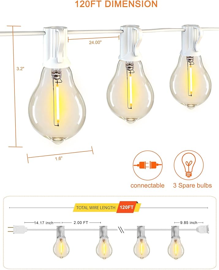 DAMAING Outdoor String Lights 120FT Waterproof Patio Lights with 63 Plastic Dimmable Edison LED Bulbs,Connectable Outdoor Lighting for Backyard,Garden and Wedding Outside, 2200K White Cord