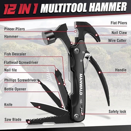 12 in 1 Multitool Hammer, Gifts for Dad, Christmas Stocking Stuffers for Men Adults, Camping Accessories Survival Gear, Cool Gadgets Gifts for Men, Husband, Boyfriends, Birthday Gifts for Him