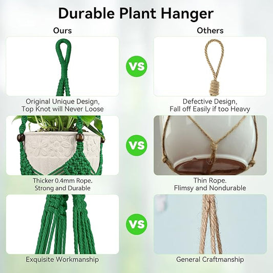 USLAI Macrame Plant Hanger for Indoor Outdoor, Up to 3-6.5 inch Pot, Hanging Planter Flower Pot Holder with Beads and Tassels, Boho Home Decor, 2-Pack, Green