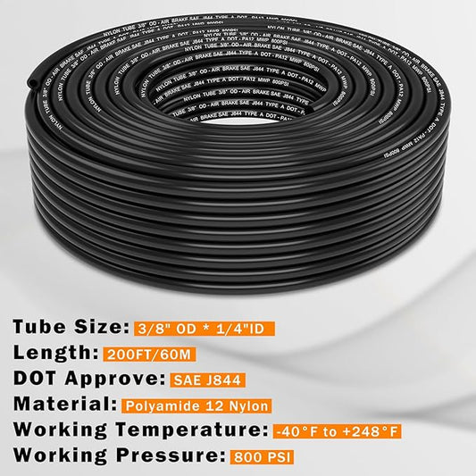 CheeMuii 200 FT 3/8 Pneumatic Tubing 3/8" DOT Air Line SAE J844 PA12 Nylon DOT Air Hose 61 Meter 3/8 Inch OD Pneumatic Air Tubing Pipe Hose Line