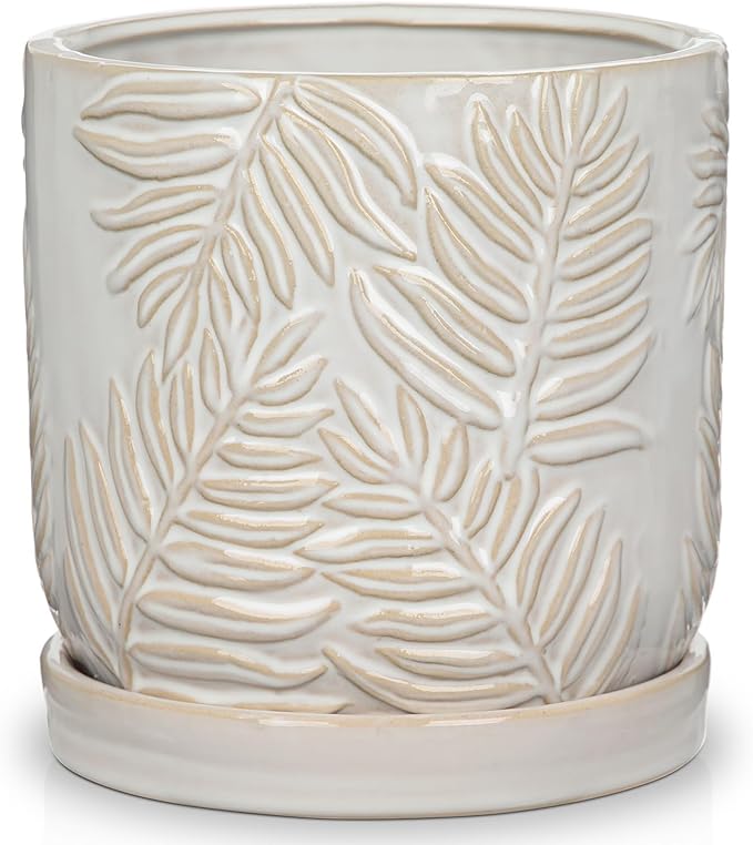 5.5 Inch Ceramic Planter Pots with Drainage Holes, Saucers for Indoor-Outdoor Plants, Succulent Orchid Flower Large Round Plant Pot Lvory White