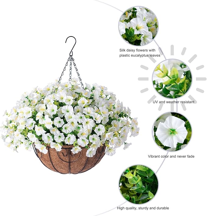 Artificial Fake Hanging Flowers Plants Baskets Spring Outdoor Decor, Outdoor Faux Silk White Morning Glory Eucalyptus in Planter UV Resistant Realistic for Outside Porch Patio Balcony Garden Yard Home