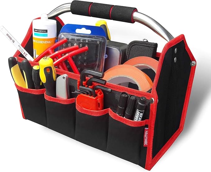 HAUTMEC 13 Inch Tool Bag, Foldable Open Top Tool Tote with Stiff Frame, 8 Pockets, Water-Resistant Molded Base & Padded Handle, Portable Electrician Tool Organizer for DIY & Jobsite Use – TB0001