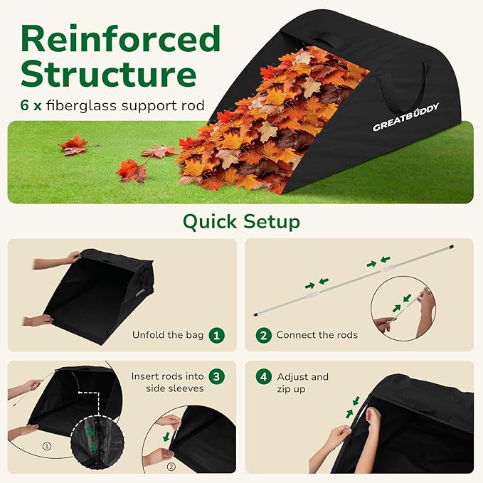 GreatBuddy Leaf Collector, Portable Lawn Bag, 26 Gallon Yard Waste Bag Oxford Fabric for Garden, Reusable Heavy Duty Dustpan Bag with Handles, Leaf Cleanup Tools for Debris, Grass and Trash