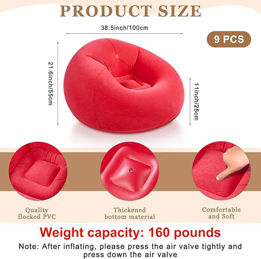 Realspring 9 Pcs Bean Bag Chairs for Adults Inflatable Chairs with Electric Air Pump,Blow up Couch Folding Portable Inflatable Couch Lazy Sofa for Reading Living Room Camping (Red)
