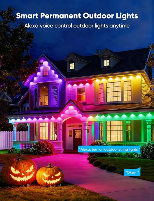 APPECK Permanent Outdoor Lights 300ft with 216 LED Lights, 108W Smart RGBW Eaves Lights, DC 36V, 40LM, IP67 Waterproof String Lights for Halloween Christmas Decor, Compatible with Alexa, Black