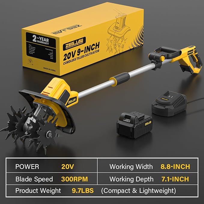 20V Cordless Electric Garden Tiller Cultivator, 9-Inch Tilling Width, 6.6-Inch Depth Rototiller for Soil Cultivation, Lawn, Gardening, Lightweight Tiller Includes 4.0Ah Battery and Charger