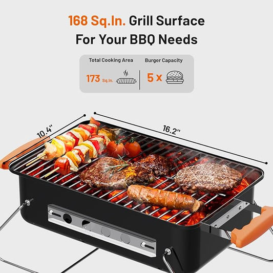 KEYO GRILL 16-Inch Heavy Duty Portable Charcoal Grills, 168 Sq. In. Dual Vent Control Camping BBQ Grills with Foldable Legs, Lid Thermometer Compact Outdoor Grill for Backyard, Tailgate, Boat
