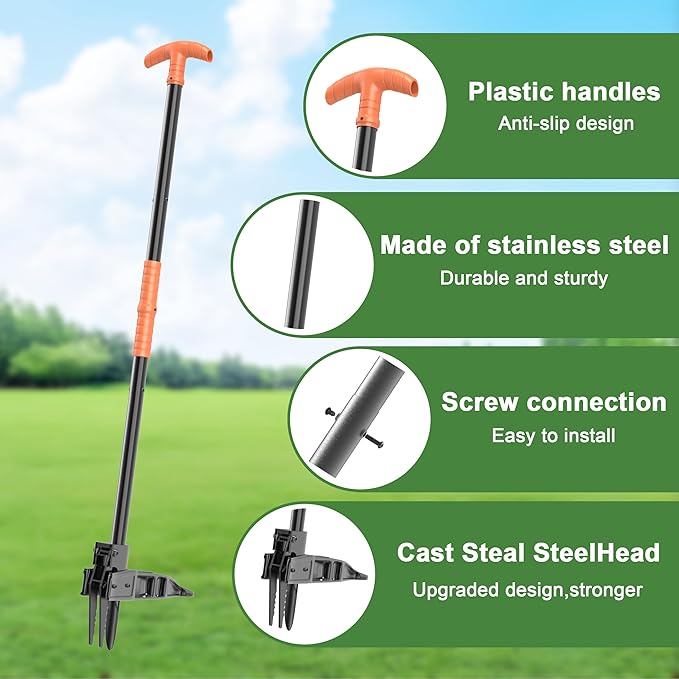 ZHENHAN Weed Puller Tool,43" Iron Stand-Up - No Bend Push-Pull Weeding Tool with Foot Pedal, Extra Long Handle Dandelion Remover for Lawn & Garden, Heavy Duty Root Extraction Tool (Black)