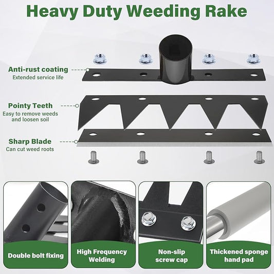 Weeding Rake Tool, Garden Weed Puller with Detachable Long Handle, 62 Inch Heavy Duty Hand Weed Remover Tool for Lawn, Yard, Atio and Backyard (5 Tines)