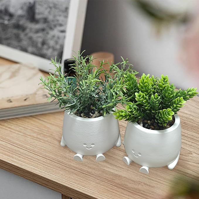 White Planters with Artificial Plants Set - 2Pack Smiley Face Plants Pot with Fake Plant, Faux Succulent Plant Pots for Bathroom/Kitchen/Sill/Office Home Decor, Gifts for Mom/Women