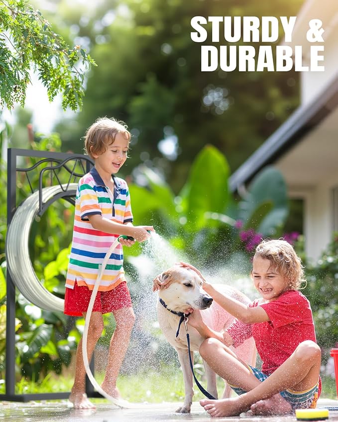 Breeze Touch Garden Hose Holder Freestanding, 4 Spikes Heavy Duty Outdoor Hose Stand, Metal Rack for Yard, Durable Water Hose Storage for outside, Compact Organizer for Garden Use