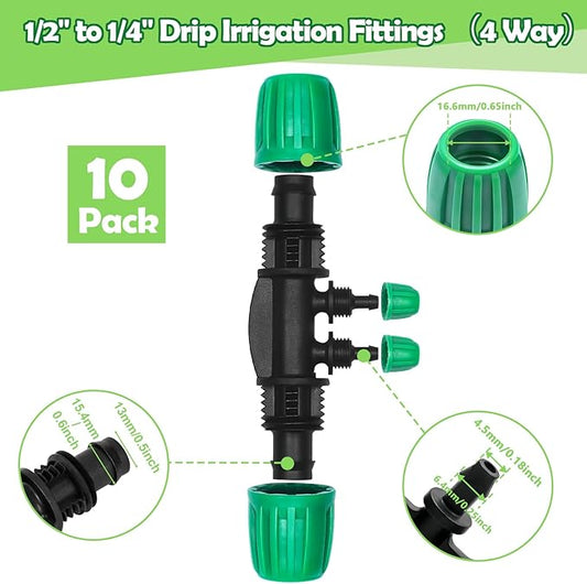 10 Pack 1/2 Inch To 1/4 Inch Drip Irrigation Fittings (1/2" ID x 0.65" OD), Drip Line Irrigation Locked Barbed 1/2" To 1/4" Adapter 1/2 Inch To 1/4 Inch Reducer Tee