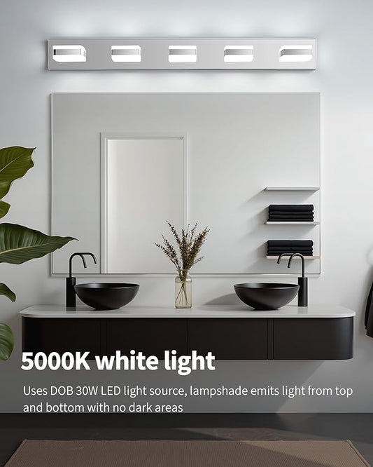Bathroom Lighting Fixtures Over Mirror, 5 Light Bathroom Vanity Light Fixtures with Cool White 5000K, Silver LED Modern Vanity Wall Lights for Bath, Dressing Room, Restroom, 37.4 inch