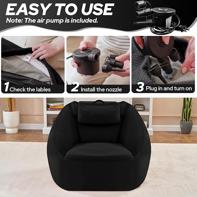 HABUTWAY Inflatable Bean Bag Chairs for Adult Blow up Chair Portable Inflatable Bean Bag Couch w/Electric Air Pump,Handle & Side Pocket for Movie Night Reading Gaming Living Room - Black
