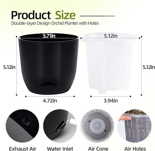 QCQHDU 2 Pack 5.7 Inch Orchid Pots with Holes for Repotting, Double-Layer and Self Watering Orchid Pot with Good Air Circulation