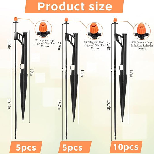 20 Sets 90/180/360 Degree Irrigation Sprinkler Heads with Stake, Drip Micro Spray Emitters with 1/4" Irrigation Tubing on Riser Stake,Micro Spray Sprinkler Stake Assembly for Garden Watering System