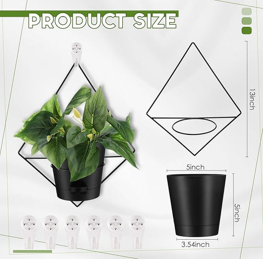 Baderke 6 Sets Wall Planters for Indoor Plants Hanging Wall Planter with Metal Holder Geometric Self Watering Wall Pots Mounted Succulent Pots, 5" Black Plant Container