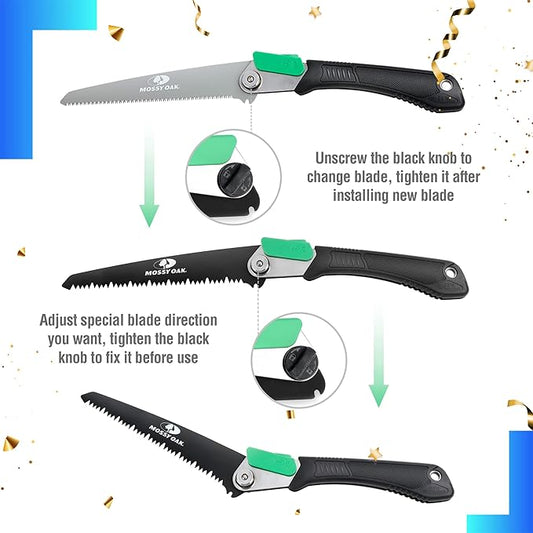 MOSSY OAK 3 in 1 Folding Saw, Pruning Hand Saw with Wood, Metal and PVC Blade, Camping Saw for Backpacking, Hunting and Bushcraft, Pouch Included