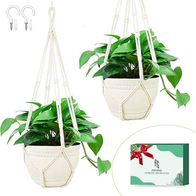 FGSAEOR Macrame Plant Basket Indoor Outdoor, Hanging 3-15 inch Pot, Bearing 20lb Planters, DIY Handmade Hanging Planter Holder, 35-Inch Extra Long Strong Boho Home Décor (2-Pack) (Ivory)