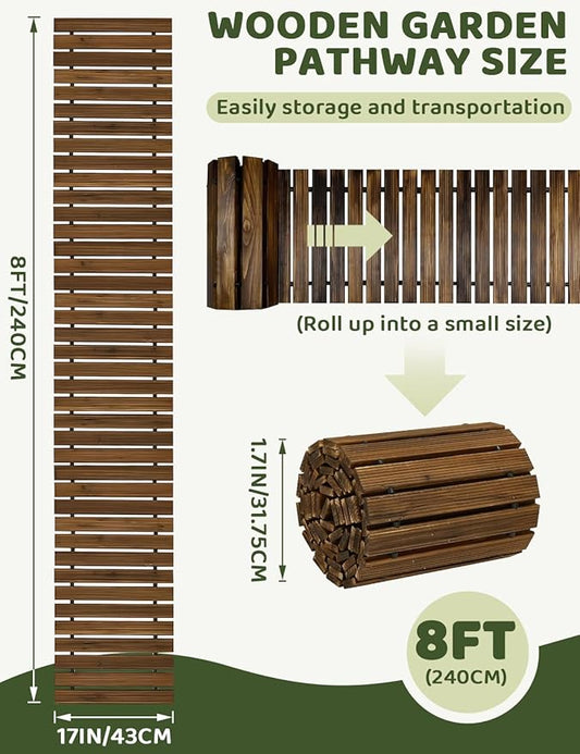 8FT Wooden Garden Pathway, Outdoor Roll Out Decorative Straight Walkway with 8 Stakes, Weather-Resistant and Non-Slip Pavers Boardwalk for Patio, Garden, Backyard, Beach, Wedding Party