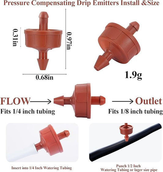 200Pcs 2GPH Pressure Compensating Irrigation Spot Drippers,Constant Flow Barb Outlet Watering Dripper Emitters Heads Parts for 1/4 Inch Watering Tubing Line for Garden Pots Plant Irrigation Systems