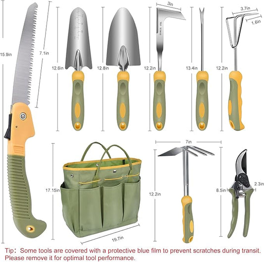 Garden Tool Set, WisaKey 9 Piece Stainless Steel Heavy Duty Gardening Hand Tools with Handle, Durable Garden Tool Bag, Gardening Gifts for Women and Men White Elephant Gifts for Adult