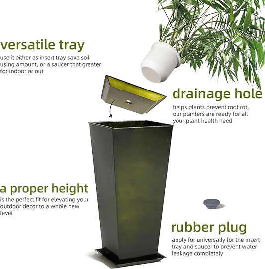 KOL Galvanized Steel Planter 25''H. with Saucer, Bright Glazed Planter with Drainage Hole, Set of 2, Tall Pots for Indoor & Outdoor Use, Decorative Flower Plant Pots for Porch, Patio, Deck - Green