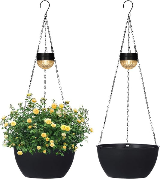 SUNNYPARK 2 Packs Hanging Planters Basket for Outdoor Plants, Solar Powered Self Watering Black Round Plastic Flower Pots with Drainer for Balcony Patio Garden Outdoor Decoration