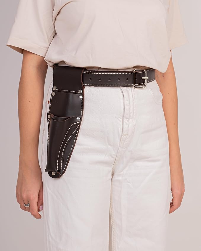 Hori Hori Leather Sheath Belt with Pruner and Scissor Pockets. Personalized Florist Tool Belt Leather, Gardening Belt with Pockets. (Dark Brown, One Size - Adjustable)