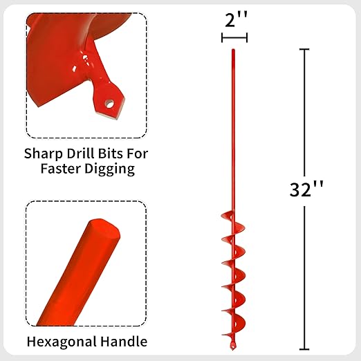 TCBWFY 2x32 Inch Auger Drill Bit for Planting - Long Handle Easy Planter Garden Auger - Bulb & Bedding Plant Augers - Post Hole Digger for 3/8”Hex Drive