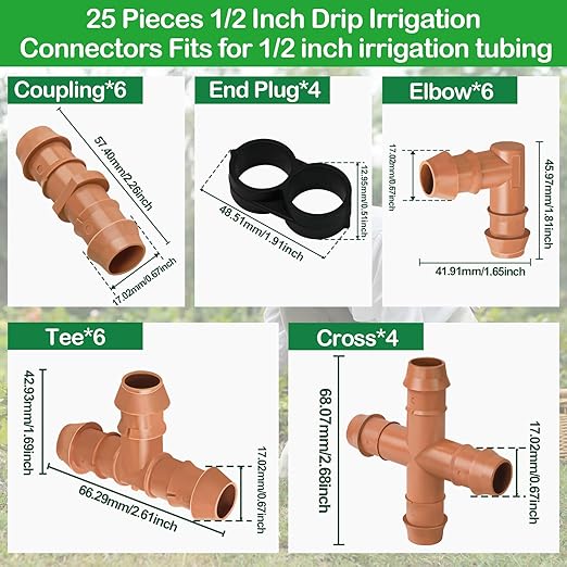 1/2 Inch Drip Tubing Irrigation Fittings Kit - 25 Pieces Set 1/2'' Drip Line Barbed Connectors- 6 Tees 6 Couplings 6 Elbows 4 Ends 3 Crosses for Garden Potted Plants Irrigation System