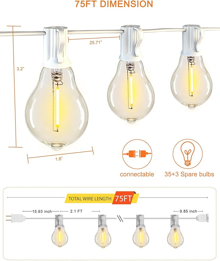 DAMAING Outdoor String Lights 75FT Waterproof Patio Lights with 38 Shatterproof Dimmable Edison LED Bulbs,Connectable Outdoor Lighting for Backyard,Garden and Wedding Outside, 2200K White Cord