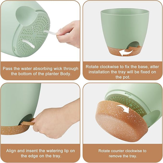 Plant Pots 8/7/6.5/6/5.5/5 Inch Self Watering Pots, Set of 6 Plastic Planters with Drainage Holes and Saucers,Plastic Flower Pots,Nursery Planting Pot for Indoor Out Door Plants(Green)