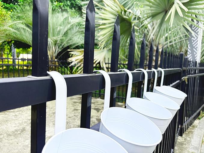 6 Pack Hanging Flower Pots, 6" White Metal Balcony Planters for Herb Succulent, Samll Railing Fence Hanging Bucket for Outdoor/Indoor Decoration (White, Pack of 6)