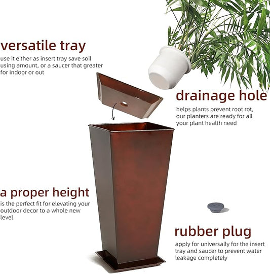 KOL 25''H. Galvanized Steel Planter with Saucer, Tall Glazed Planter Pots for Indoor & Outdoor Use, Set of 2, Decorative Flower Plant Pots with Drainage Hole for Porch, Patio, Deck - Reddish Brown