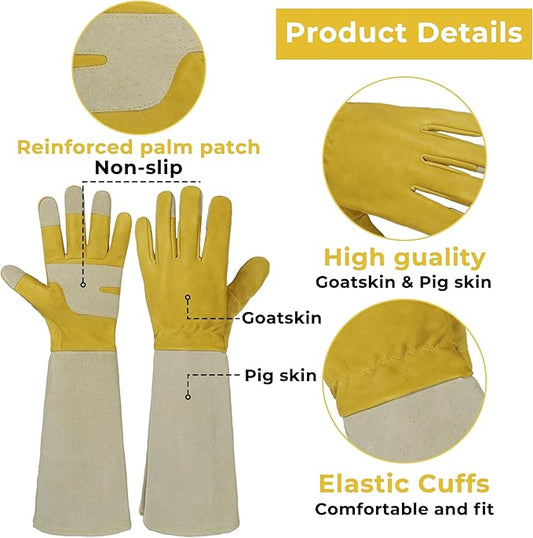 HLDD HANDLANDY Long Gardening Gloves, Leather Thorn Proof Rose Pruning Glove for Men & Women, Great Gift for Gardener