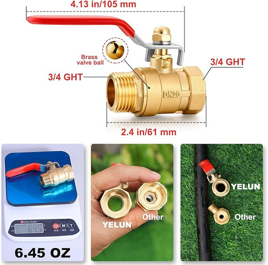 Garden Hose Brass Shut Off Valve Full Flow, No Restricted-Flow Water Shut-Off Connector, 3/4" GHT x 3/4" GHT Garden Hose Full Port Ball Valve Adapter (Long Handle)