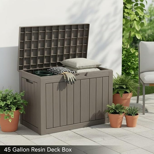 45 Gallon Lockable Deck Box for Indoor & Outdoor Storage, All-Weather Water Resistant Chest for Garage, Holiday Decor, Patio Cushions & Tools