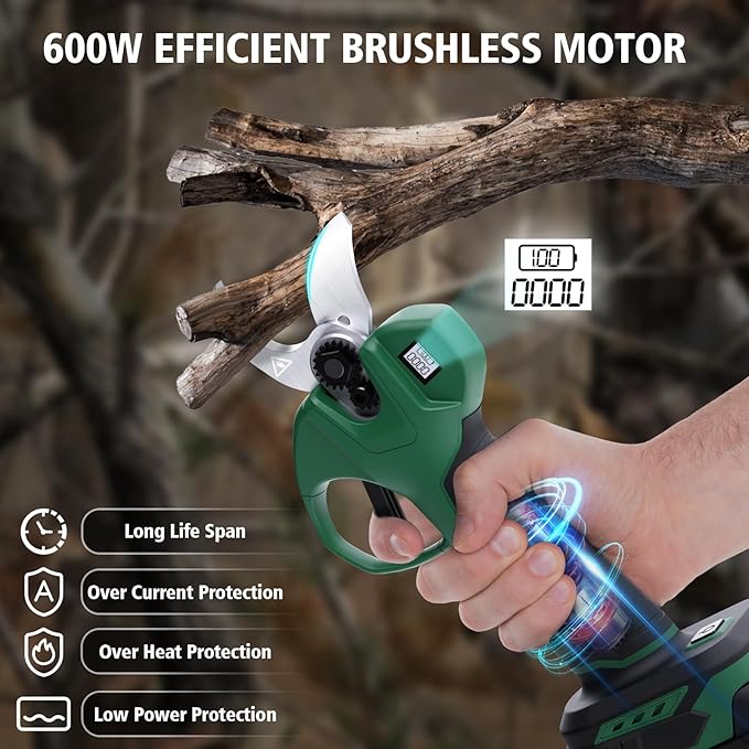 Cordless Electric Pruning Shears with 2×21V 2000mAh Batteries & LED Display, 1.2" Rechargeable Garden Pruning Shears for Thick Branches, Professional Landscaping Tools