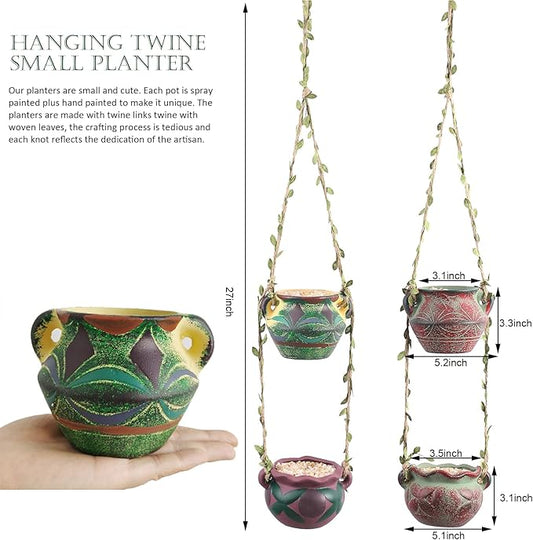 4 Piece Boho Ceramic Hanging Planters with Drainage Holes – Adorable Indoor Outdoor Succulent Flower Pots, Unique Home Décor, Charming Small Planters for Plants