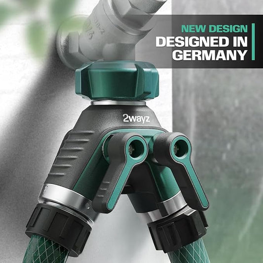 2WAYZ Dual Outlet Water Hose Splitter - Heavy-Duty Brass Y Connector, 360° Rotation, Easy Installation, Leak-Proof Design with Spigot Extender - Ideal for Garden, Washing Machines, Outdoor Faucets