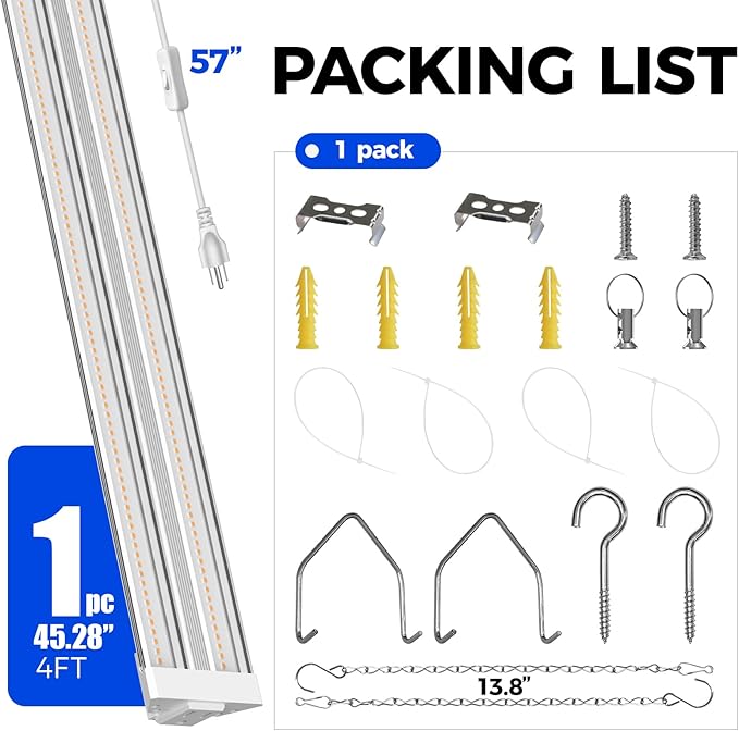 Barrina TX72 4FT Grow Lights for Seed Starting, 72W(500W Equivalent), High PPFD, Full Spectrum, Linkable, Hanging Light Fixture, Grow Lights for Indoor Plants, Vegetables with On/Off Switch, 1 Pack