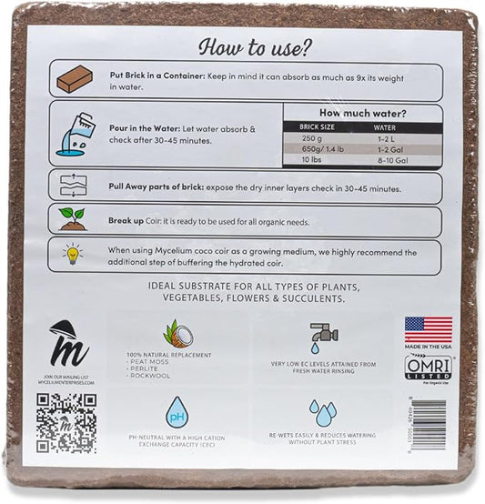Mycelium Coco Coir Brick I Expandable Organic Coconut Fiber Substrate I Plants Potting Soil Mix for Indoor & Outdoor Gardening, Succulents & Cactus I OMRI Certified & Non-GMO Soil Alternative, 10lbs